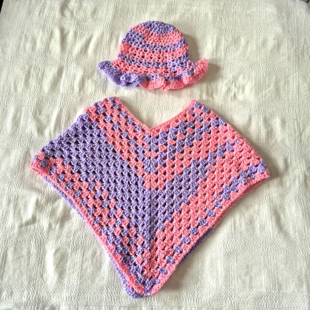 Hand crafted self striping shimmery yarn poncho with matching floppy hat NEW